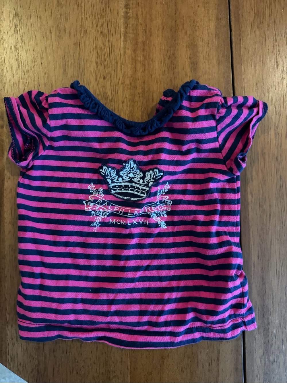 Ralph Lauren Pink & Navy Striped Girls Short-Sleeve Tee with Crest